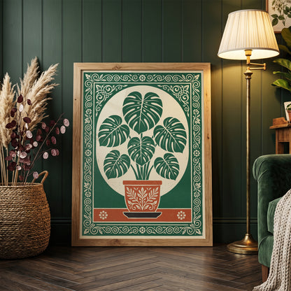 Monstera Plant Botanical Linocut Vintage Illustration Wall Art Print