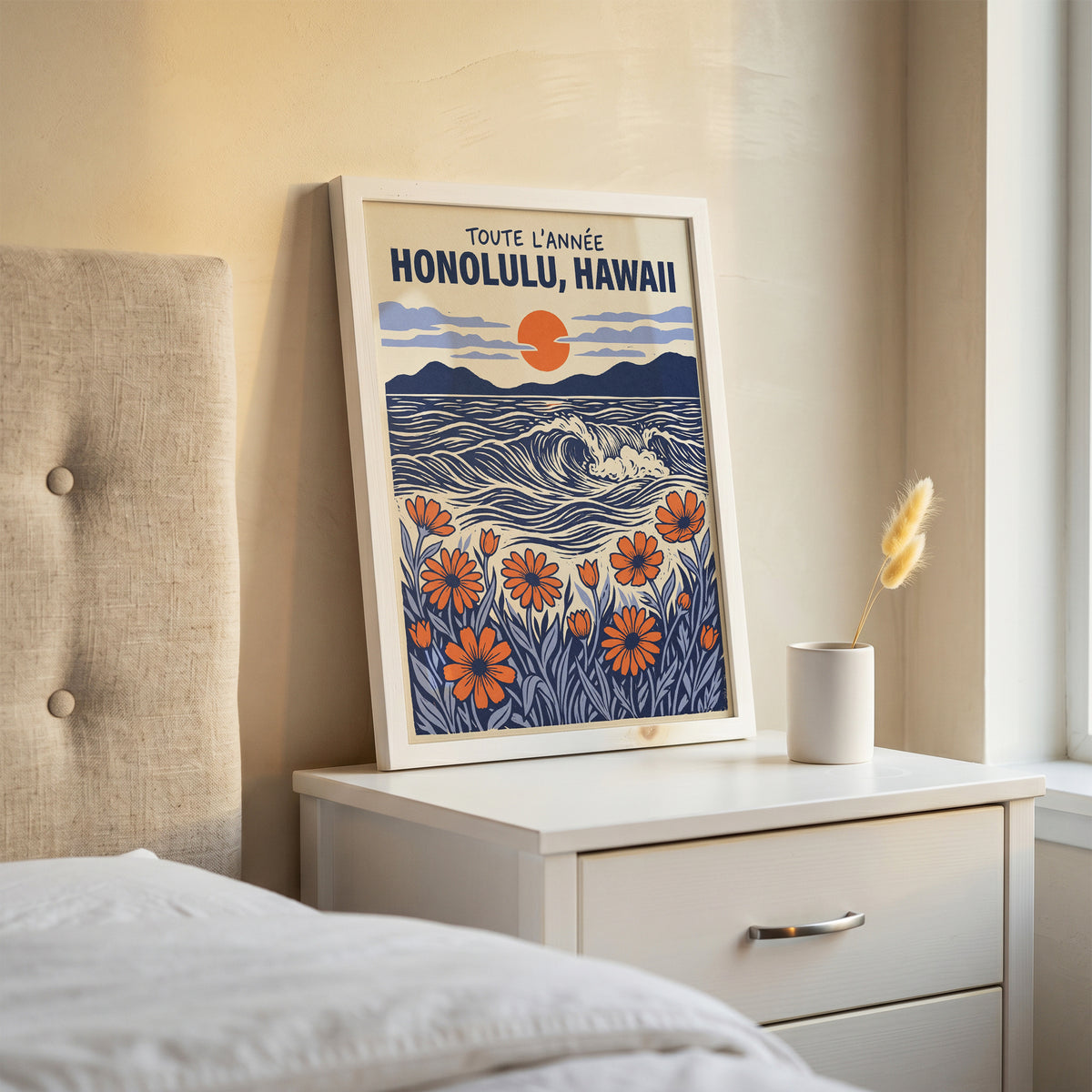 Honolulu Hawaii Retro Travel Woodcut Style Canvas Wall Art Print