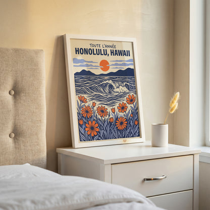 Honolulu Hawaii Retro Travel Woodcut Style Canvas Wall Art Print