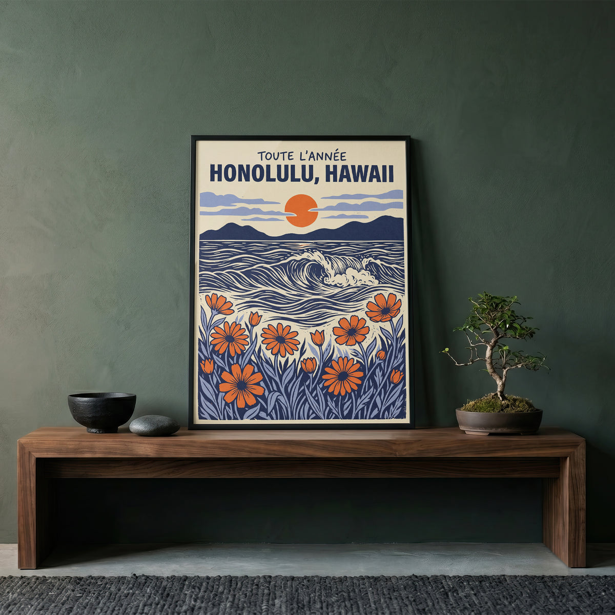 Honolulu Hawaii Retro Travel Woodcut Style Canvas Wall Art Print