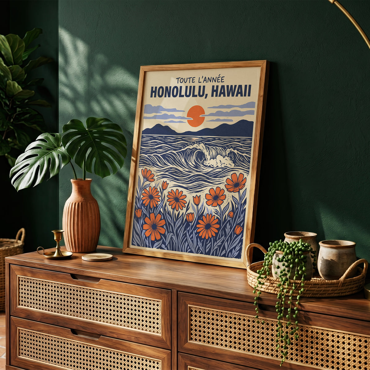 Honolulu Hawaii Retro Travel Woodcut Style Canvas Wall Art Print