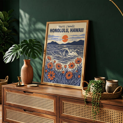Honolulu Hawaii Retro Travel Woodcut Style Canvas Wall Art Print