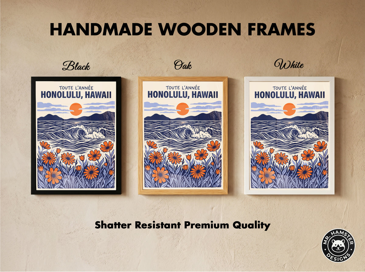 Honolulu Hawaii Retro Travel Woodcut Style Canvas Wall Art Print
