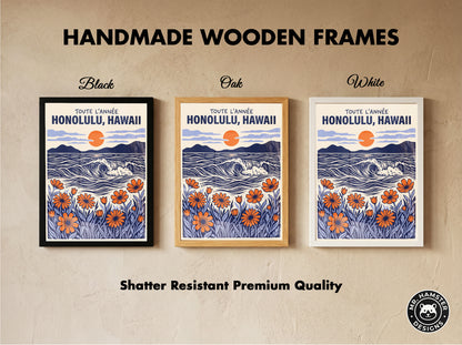 Honolulu Hawaii Retro Travel Woodcut Style Canvas Wall Art Print