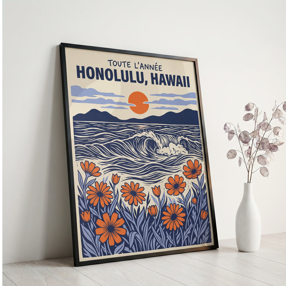Honolulu Hawaii Retro Travel Woodcut Style Canvas Wall Art Print