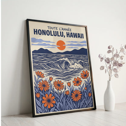 Honolulu Hawaii Retro Travel Woodcut Style Canvas Wall Art Print