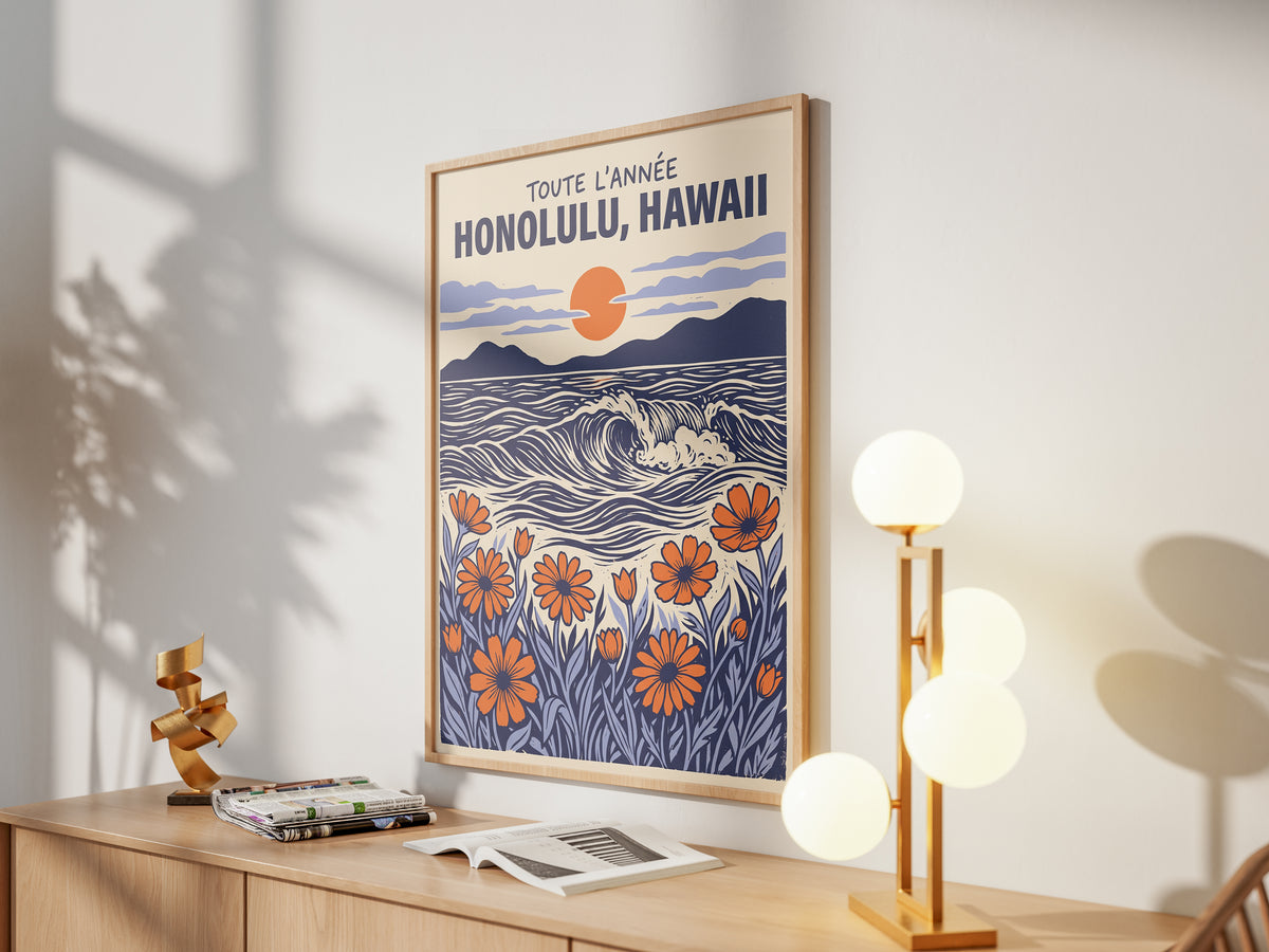 Honolulu Hawaii Retro Travel Woodcut Style Canvas Wall Art Print
