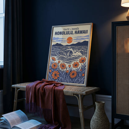 Honolulu Hawaii Retro Travel Woodcut Style Canvas Wall Art Print