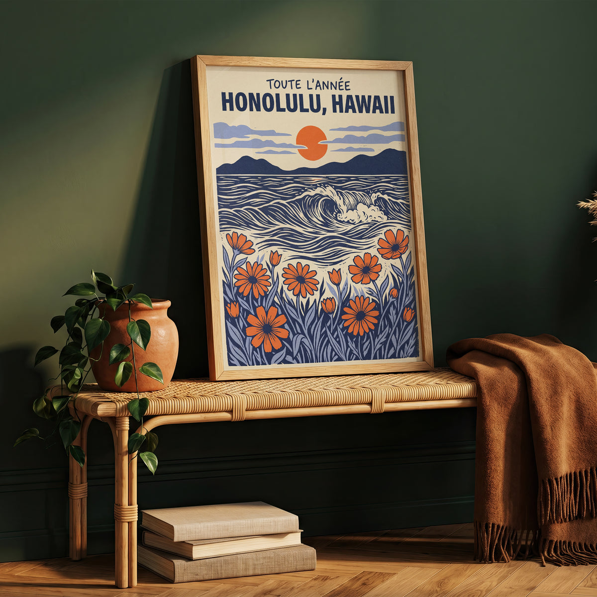 Honolulu Hawaii Retro Travel Woodcut Style Canvas Wall Art Print