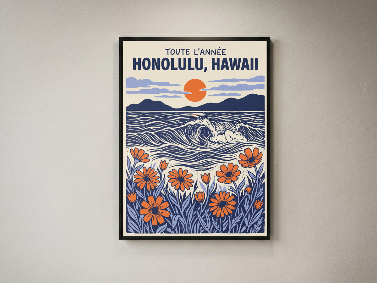 Honolulu Hawaii Retro Travel Woodcut Style Canvas Wall Art Print