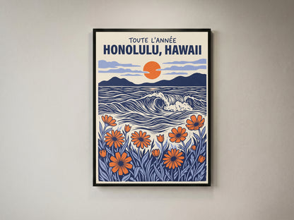 Honolulu Hawaii Retro Travel Woodcut Style Canvas Wall Art Print