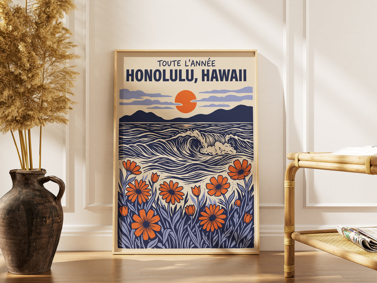 Honolulu Hawaii Retro Travel Woodcut Style Canvas Wall Art Print