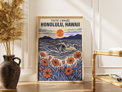 Honolulu Hawaii Retro Travel Woodcut Style Canvas Wall Art Print