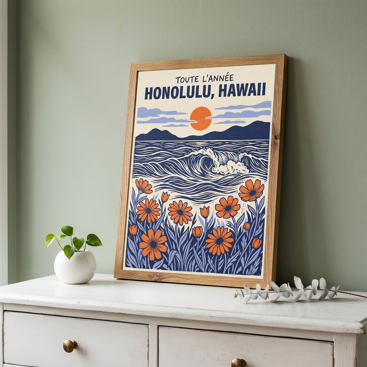 Honolulu Hawaii Retro Travel Woodcut Style Canvas Wall Art Print