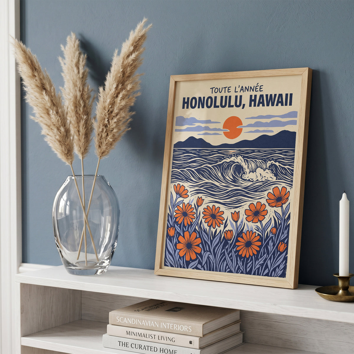 Honolulu Hawaii Retro Travel Woodcut Style Canvas Wall Art Print