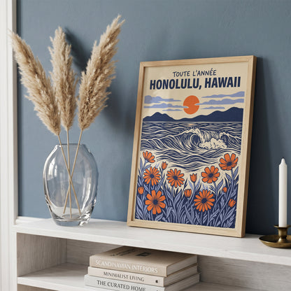 Honolulu Hawaii Retro Travel Woodcut Style Canvas Wall Art Print