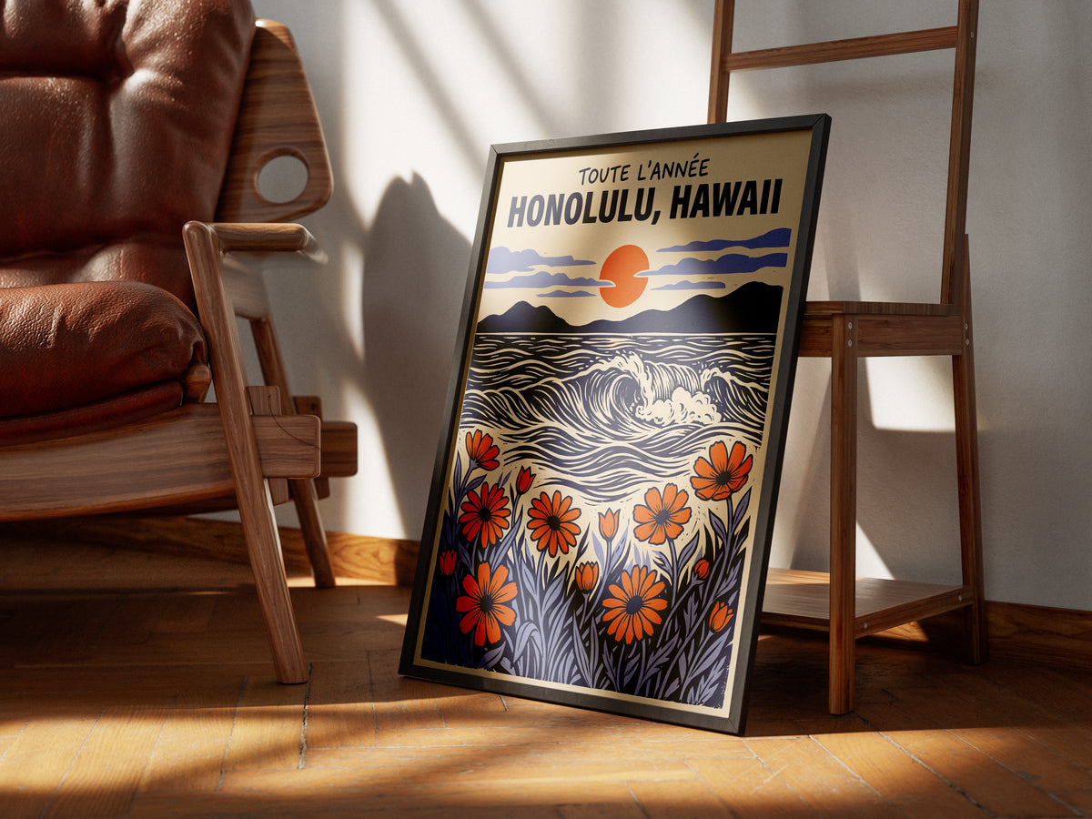 Honolulu Hawaii Retro Travel Woodcut Style Canvas Wall Art Print