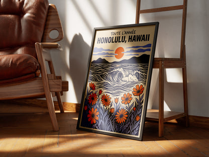 Honolulu Hawaii Retro Travel Woodcut Style Canvas Wall Art Print
