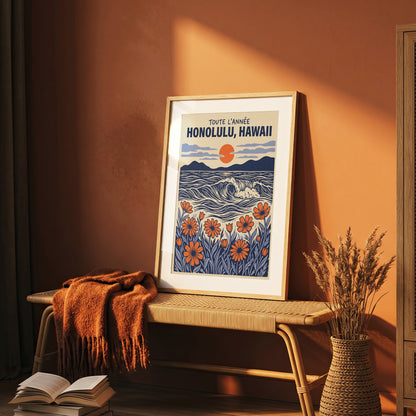 Honolulu Hawaii Retro Travel Woodcut Style Canvas Wall Art Print