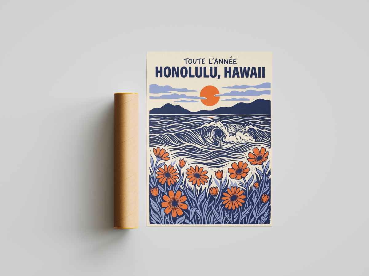Honolulu Hawaii Retro Travel Woodcut Style Canvas Wall Art Print