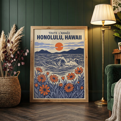 Honolulu Hawaii Retro Travel Woodcut Style Canvas Wall Art Print
