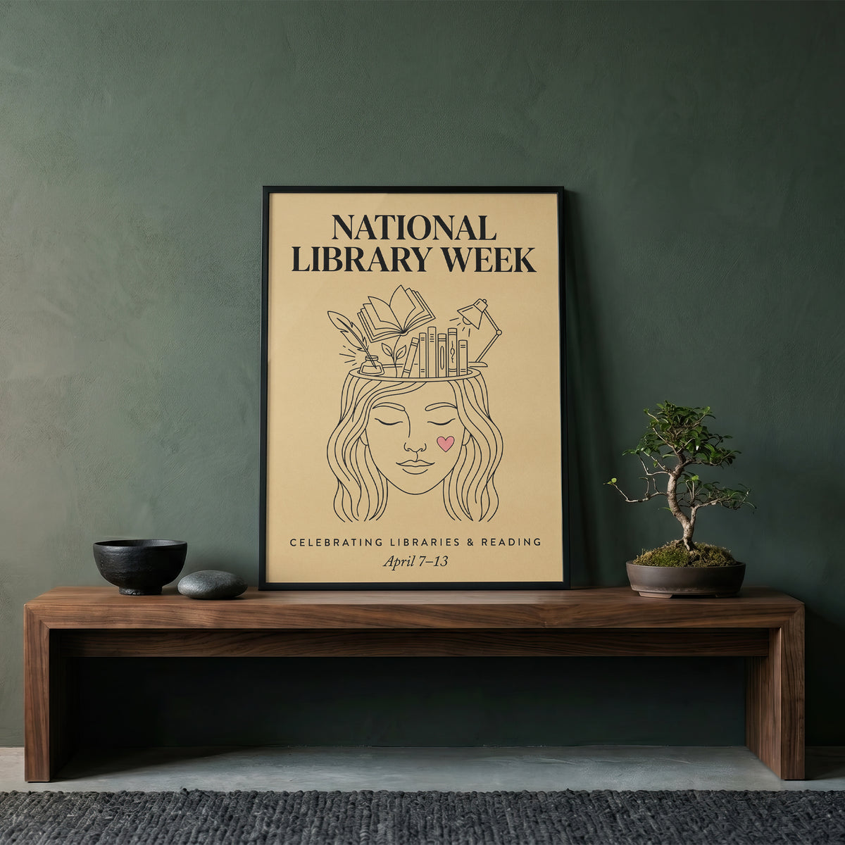National Library Week Vintage Line Art Book Lover Wall Art Print