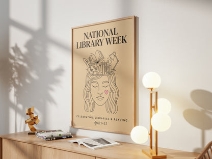 National Library Week Vintage Line Art Book Lover Wall Art Print