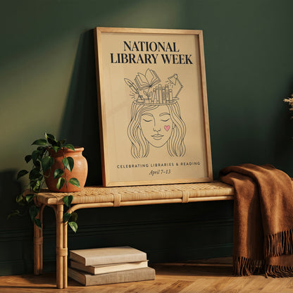National Library Week Vintage Line Art Book Lover Wall Art Print