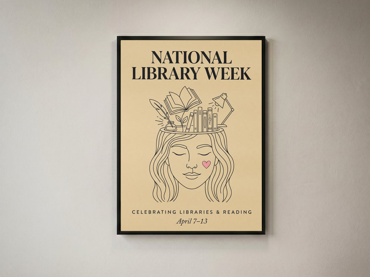 National Library Week Vintage Line Art Book Lover Wall Art Print