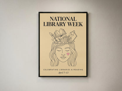 National Library Week Vintage Line Art Book Lover Wall Art Print