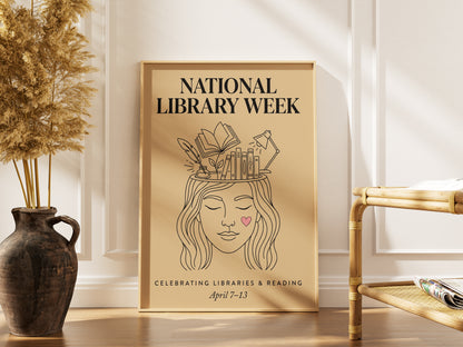 National Library Week Vintage Line Art Book Lover Wall Art Print
