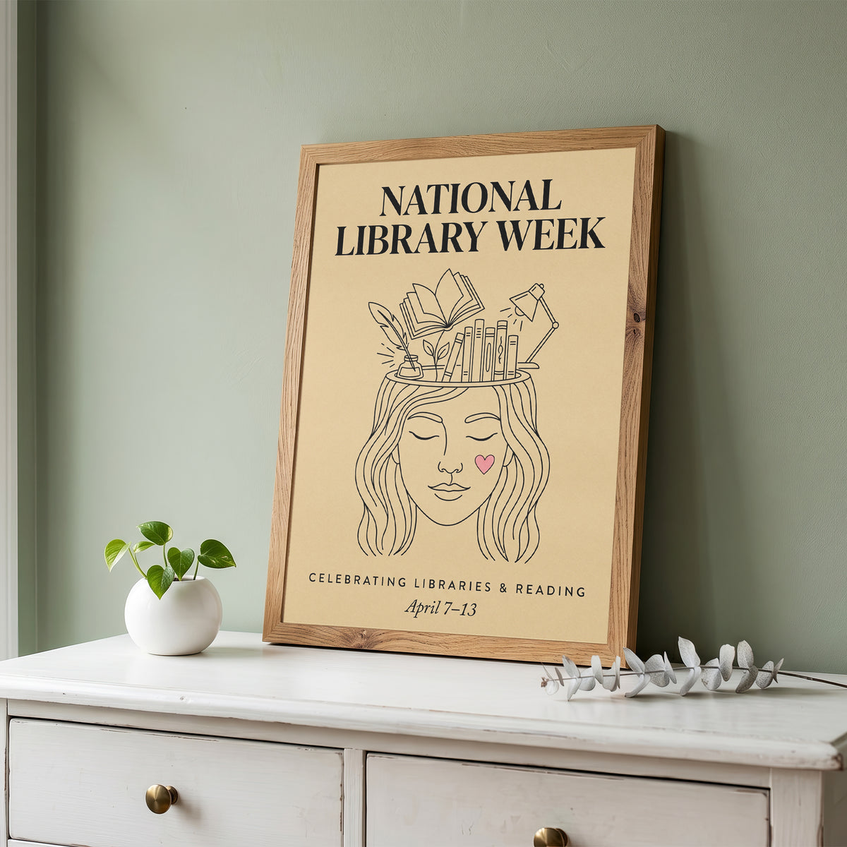 National Library Week Vintage Line Art Book Lover Wall Art Print
