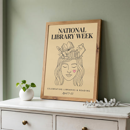 National Library Week Vintage Line Art Book Lover Wall Art Print