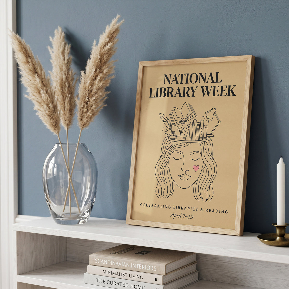 National Library Week Vintage Line Art Book Lover Wall Art Print