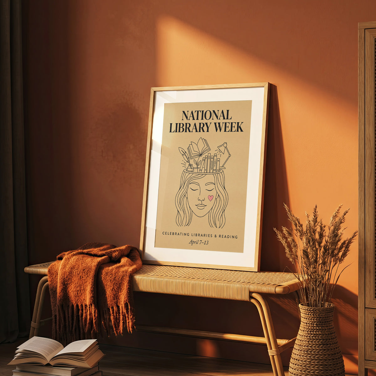 National Library Week Vintage Line Art Book Lover Wall Art Print