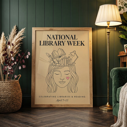 National Library Week Vintage Line Art Book Lover Wall Art Print