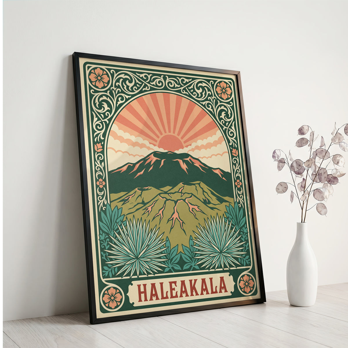Haleakala Hawaii Retro Art Nouveau Travel Poster Wall Art Print