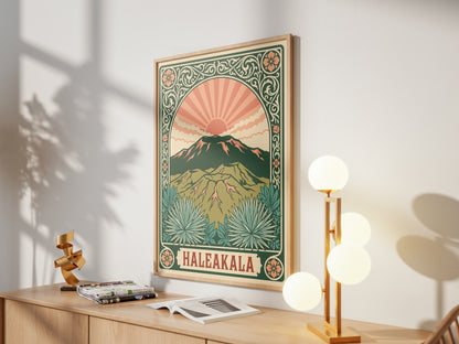 Haleakala Hawaii Retro Art Nouveau Travel Poster Wall Art Print