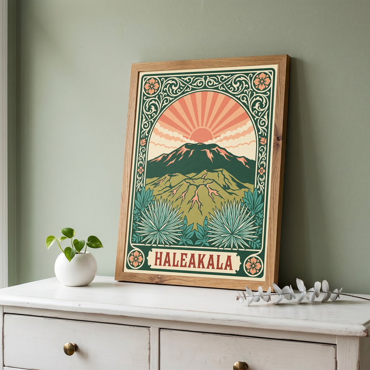 Haleakala Hawaii Retro Art Nouveau Travel Poster Wall Art Print