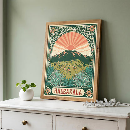 Haleakala Hawaii Retro Art Nouveau Travel Poster Wall Art Print