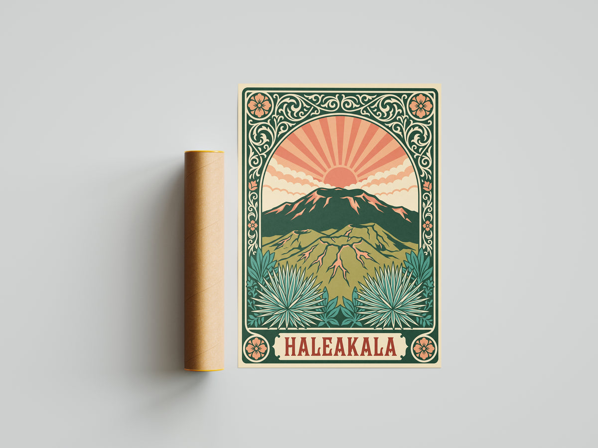 Haleakala Hawaii Retro Art Nouveau Travel Poster Wall Art Print