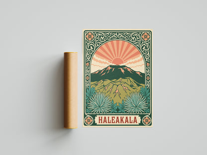 Haleakala Hawaii Retro Art Nouveau Travel Poster Wall Art Print