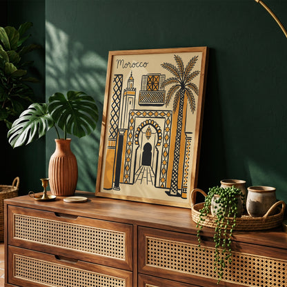 Morocco Retro Travel Illustration Boho Architecture Wall Art Print