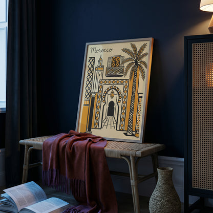 Morocco Retro Travel Illustration Boho Architecture Wall Art Print