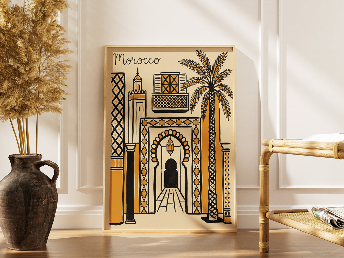 Morocco Retro Travel Illustration Boho Architecture Wall Art Print