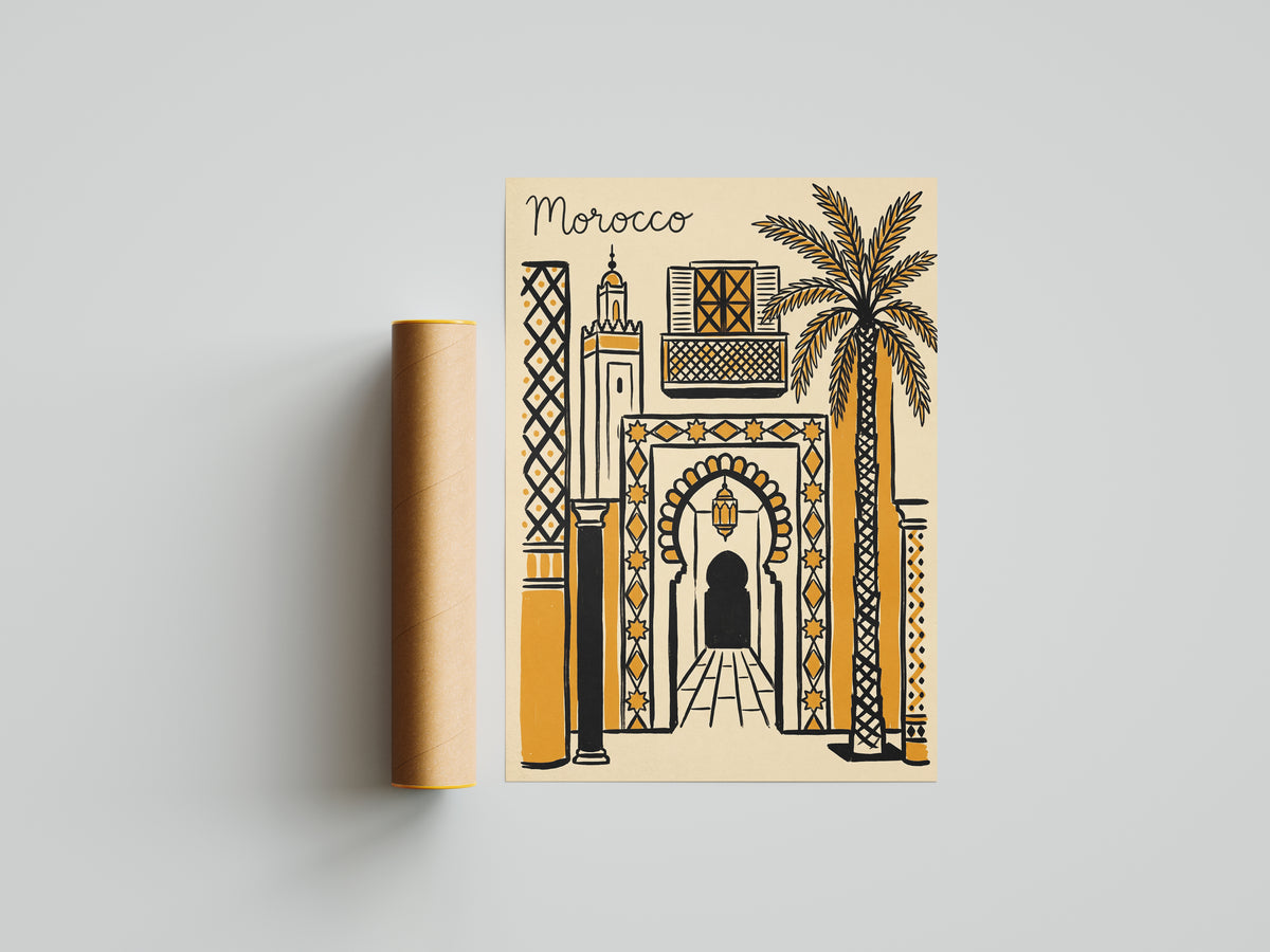 Morocco Retro Travel Illustration Boho Architecture Wall Art Print