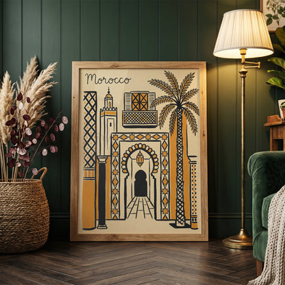 Morocco Retro Travel Illustration Boho Architecture Wall Art Print