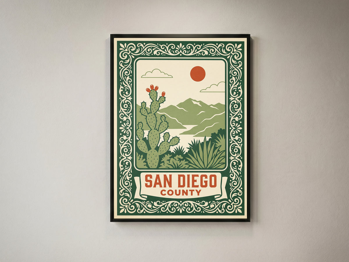 San Diego County California Retro Travel Poster Wall Art Print
