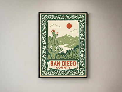 San Diego County California Retro Travel Poster Wall Art Print
