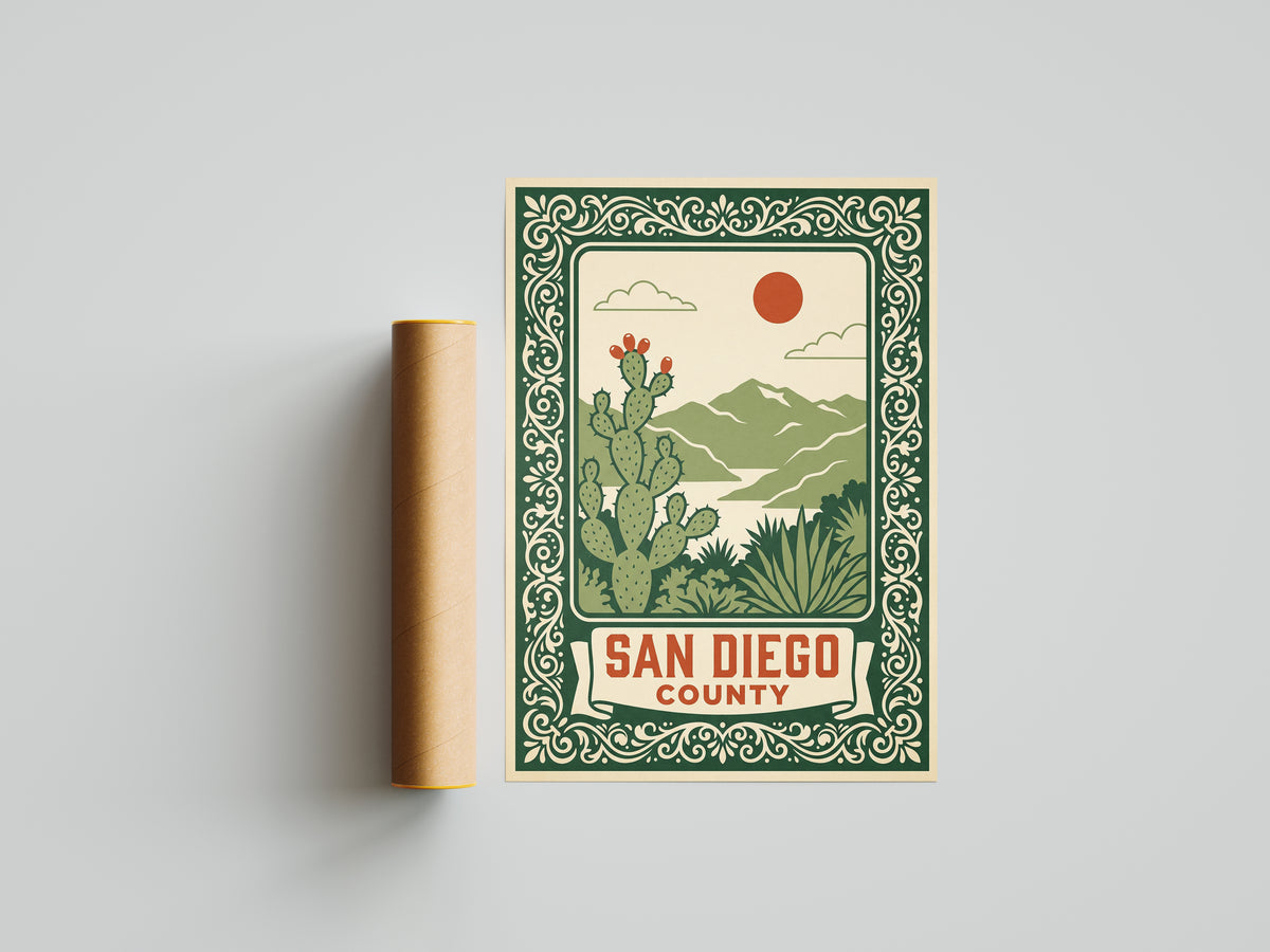 San Diego County California Retro Travel Poster Wall Art Print